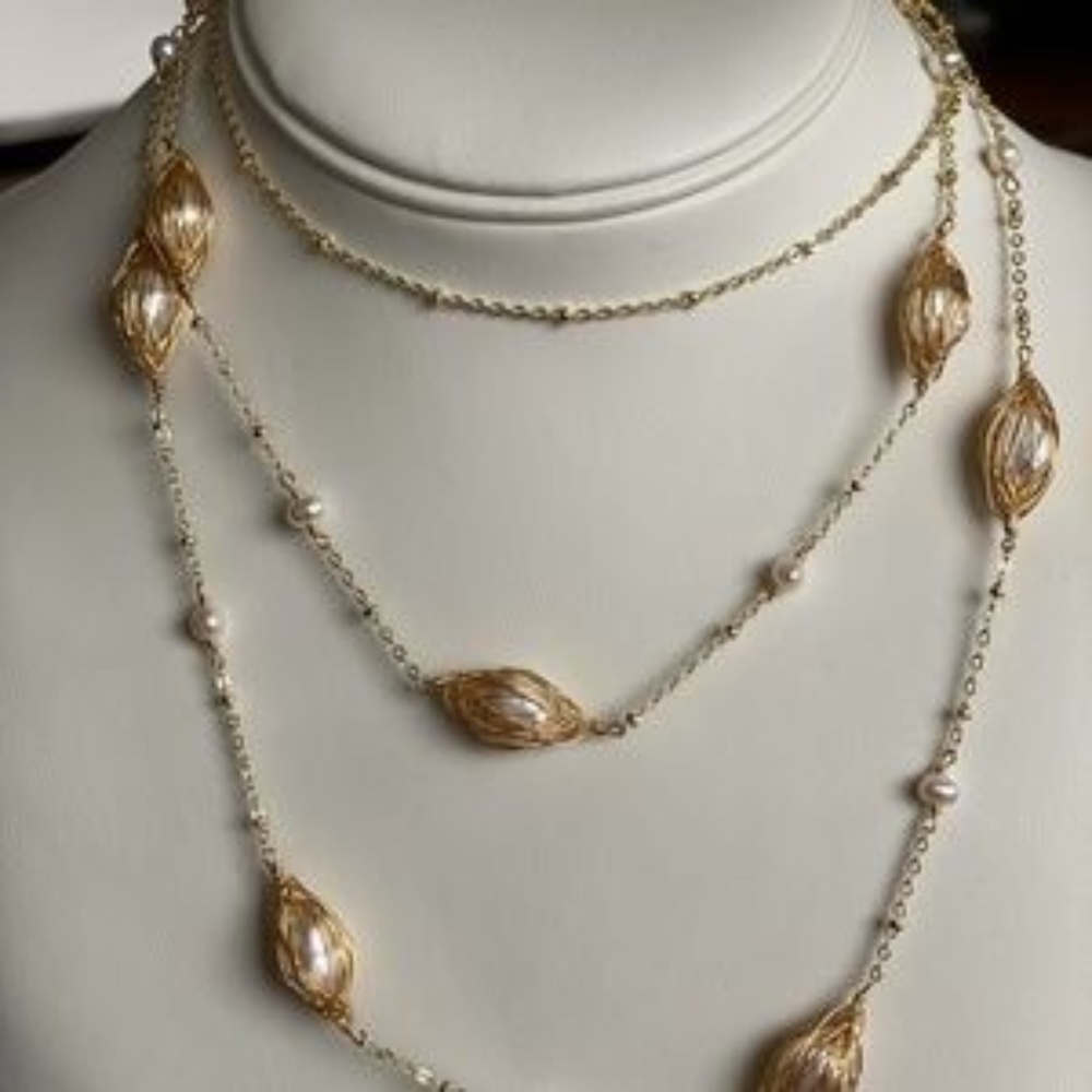 42" White Cultured Pearl Gold Chain Necklace 14K Yellow Gold Plate - Picture 10 of 11